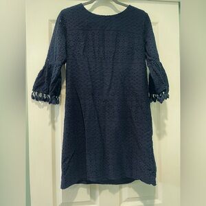 RUBY RD Navy Blue Eyelet Dress with Tassel Bell Sleeves M